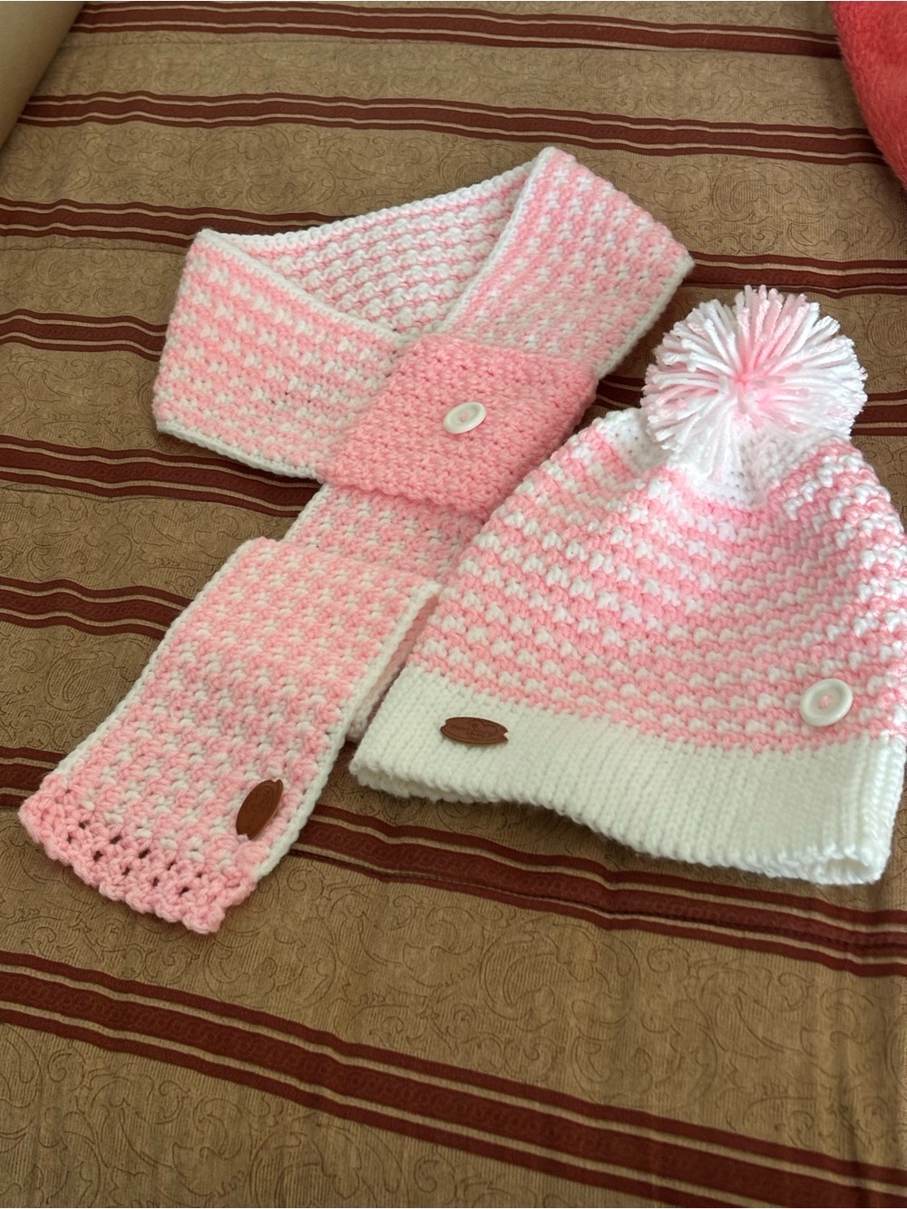 Pink and White Knit Pom Beanie & Scarf Set for Kids